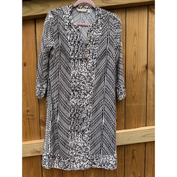 Soft Surroundings Dresses & Skirts - Soft Surroundings Dress XS Black White Print 3/4 Sleeve‎ Wooden Buttons